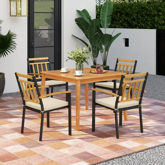 Costway 5 PCS Patio Acacia Wood Dining Set with Soft Seat Cushions Umbrella Hole for Yard