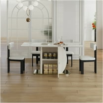 JERFIT 6-Person Dining Table Set with Storage, White Velvet Chairs, Sintered Stone Top & Gold Base for Kitchen, Apartment