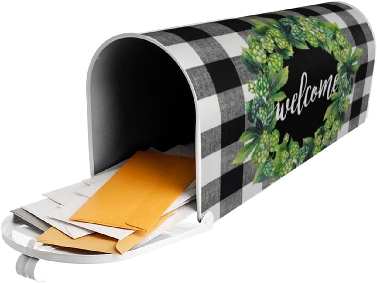 Buffalo Plaid Wreath Magnetic Mailbox Cover – Weatherproof 21x18 Inch Black White Plaid & Leaves Design For Outdoor Garden Decor