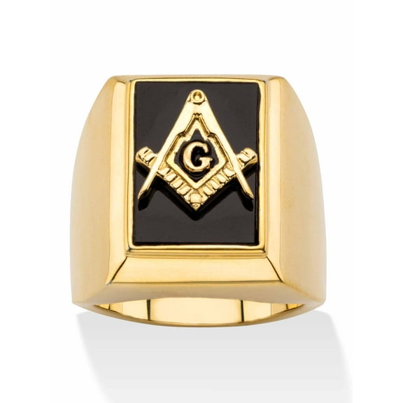 PalmBeach Jewelry Men's Emerald-Cut Genuine Black Onyx Masonic Square and Compasses Cabochon Ring Gold-Plated