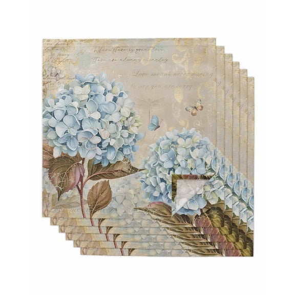 Blue Hydrangea Cloth Napkins Set of 6 Reusable Dinner Napkins, Flowers Leaves Butterfly Retro Khaki Cocktail Napkin Washable Table Napkins for Wedding/Holiday Party/Baby Shower 20"x20"