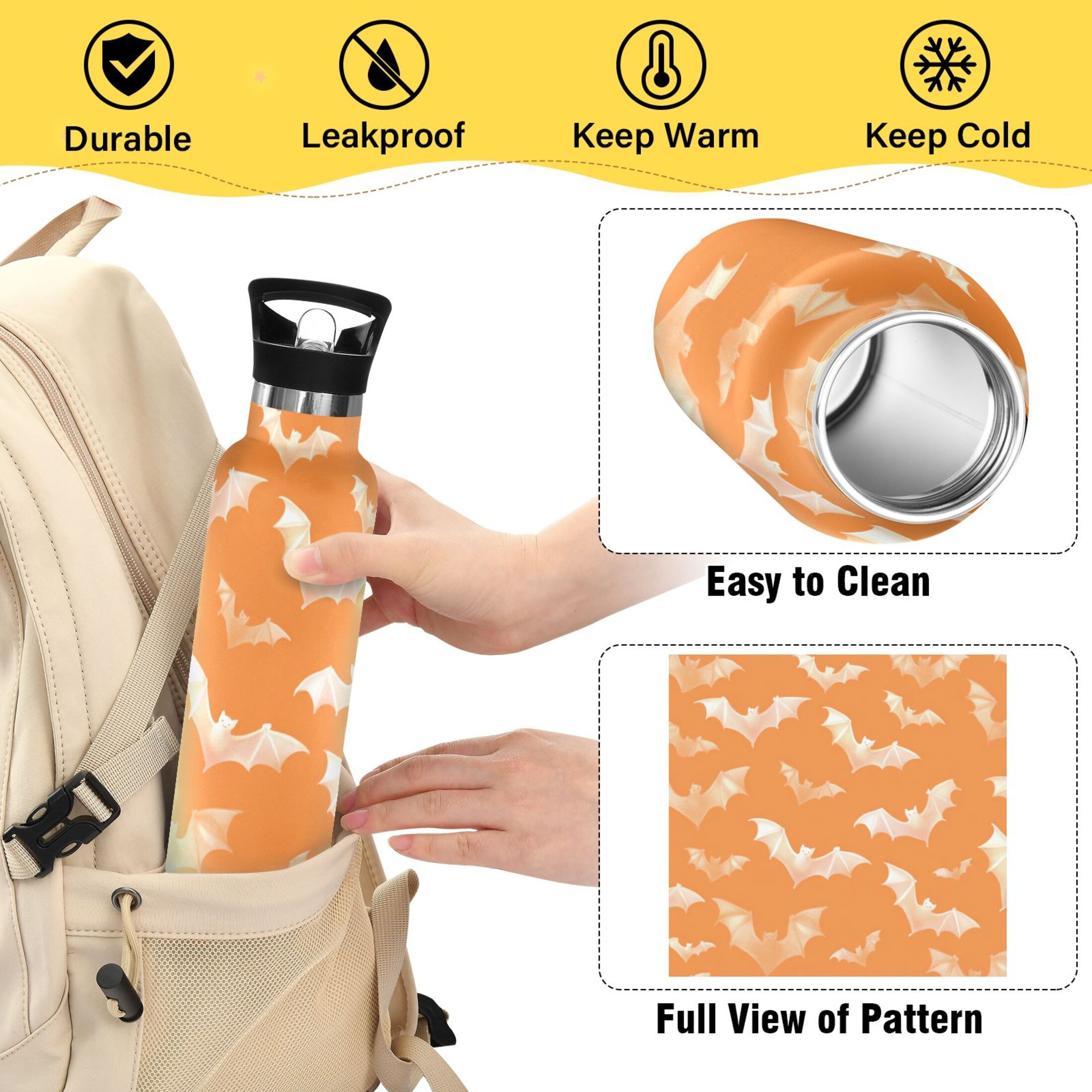 Kids Insulated Stainless Steel Sports Water Bottle 600ml (20oz) Orange and White Bats