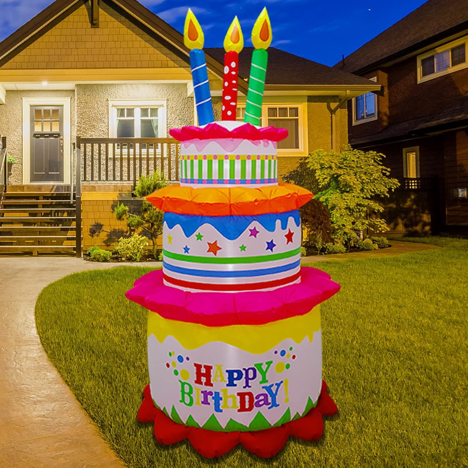 Garnen 6Ft Inflatable Happy Birthday Decorations Balloons For Kids, LED Happy Birthday Cake, Birthday Sign Balloons, Outdoor Theme Party
