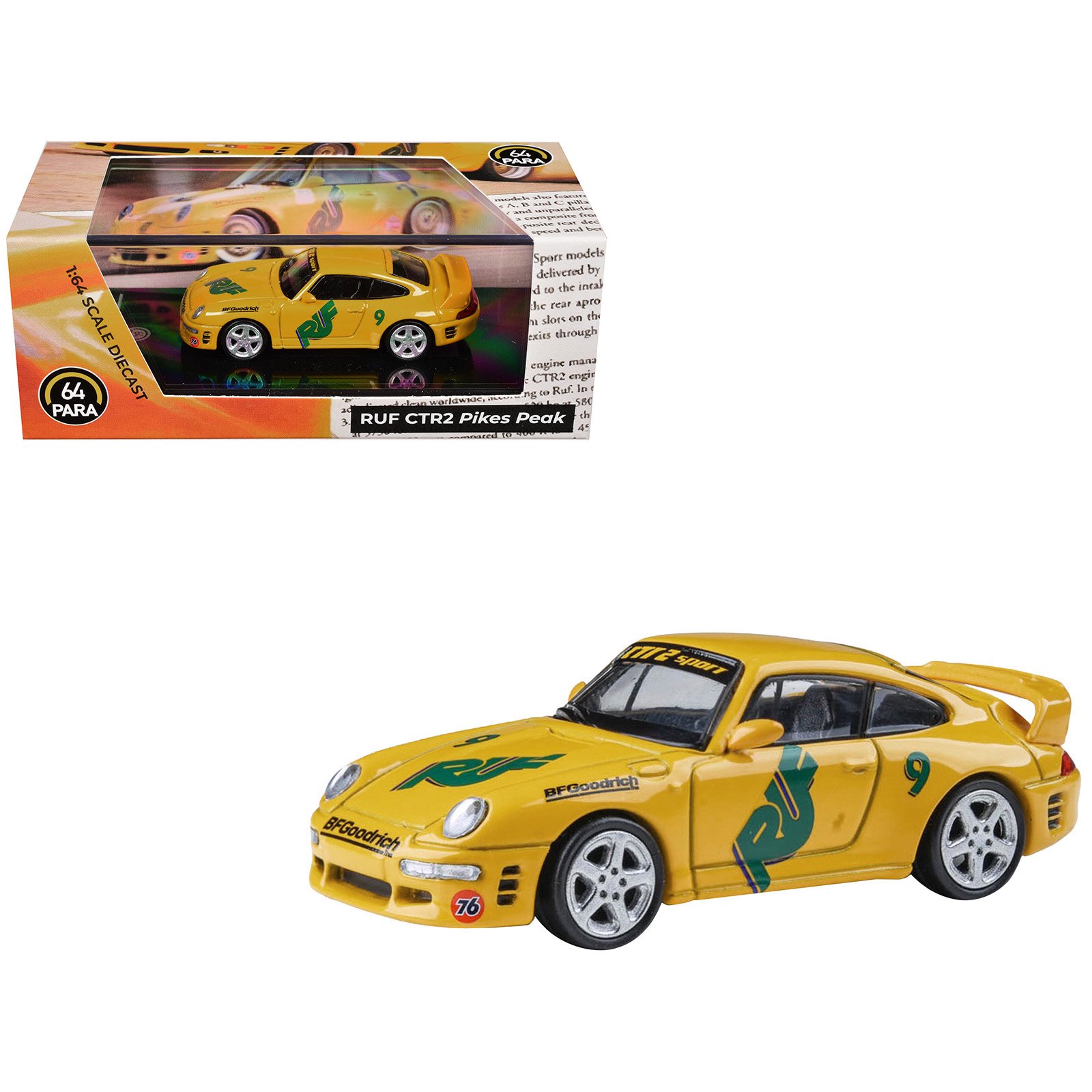 RUF CTR2 #9 "Pikes Peak" Yellow with Graphics 1/64 Diecast Model Car by Paragon Models