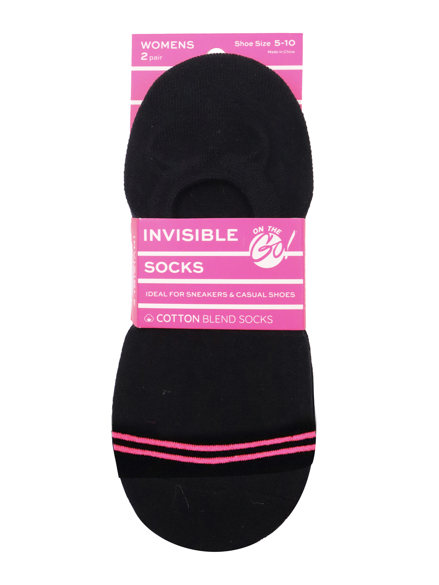 On the Go Women's Invisible Socks (Black Pink Stripes Toe)