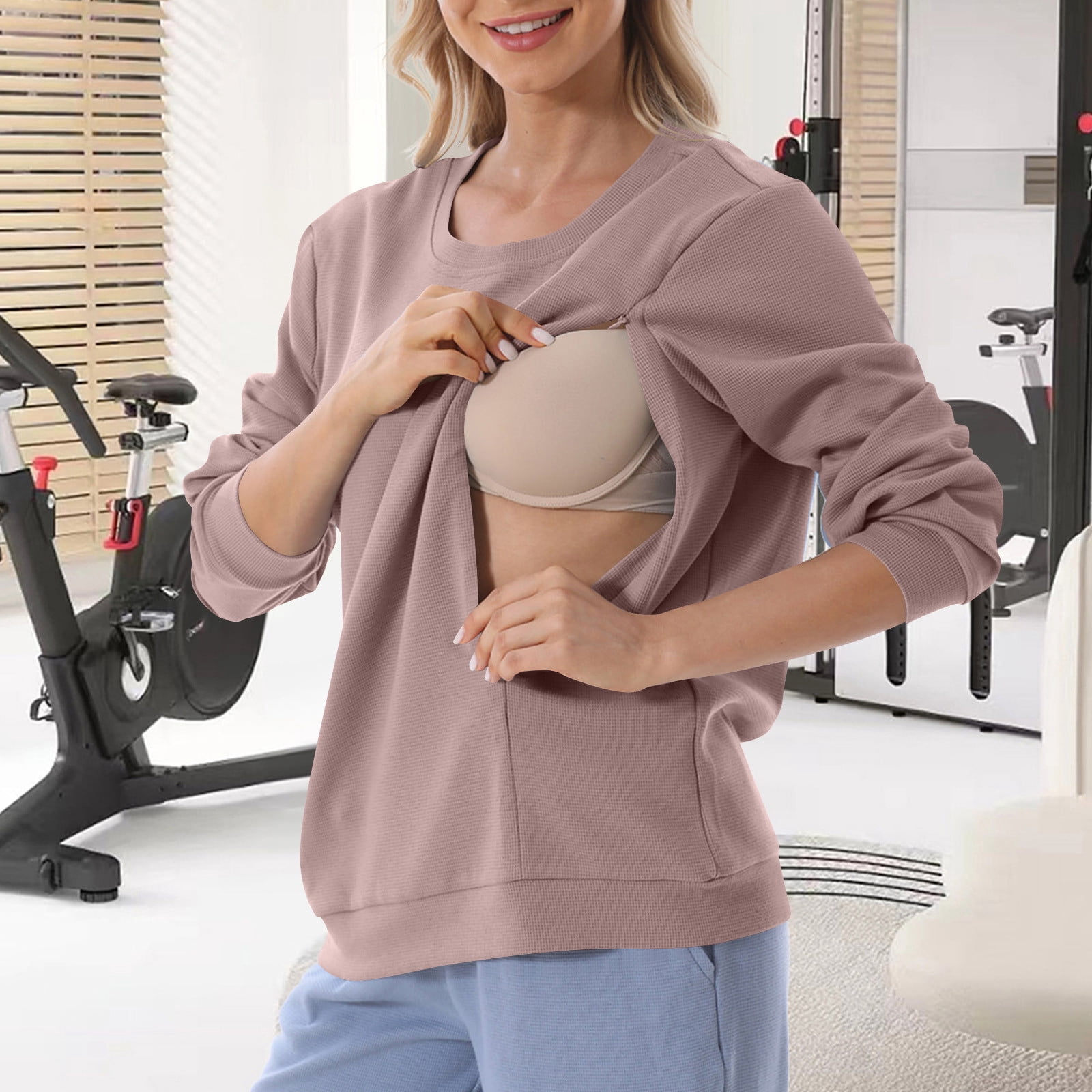 ylioge Maternity Tops for Women Pregnancy Plus Size S-4X Long Sleeve Sweatshirts with Zipper Pullover Solid Color Crewneck Nursing Sweatshirt Shirts