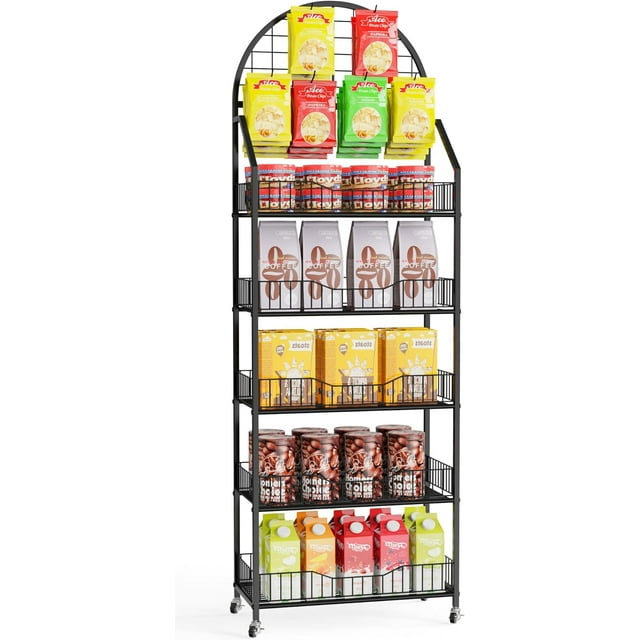 Asee'm 5-Tier Snack Rack Display Stand with Wheels, Retail Candy Cart Display Rack with Hooks, Metal Wire Retail Chip Shelf Organizer, Heavy Duty Snack Storage Stand for Store Kitchen Office (Black)