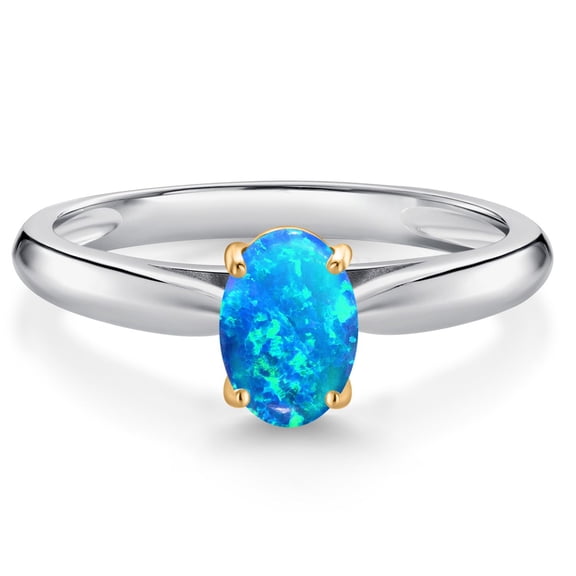 Gem Stone King 10K White and Yellow Gold Blue Opal Solitaire Engagement Ring for Women (0.63 Cttw, Oval Cabochon 7X5MM, Gemstone October Birthstone, Size 5)