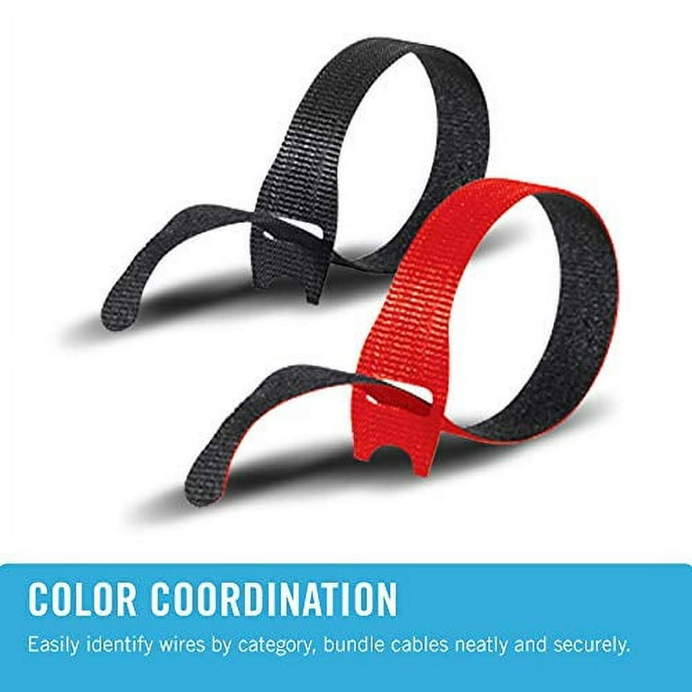 velcro brand cable ties, 100pk - 8 x 1/2 red and black, reusable  alternative to zip ties, one-wrap thin pre-cut cord organization straps,  wire management for office or home, vel-30200-ams, black/red 