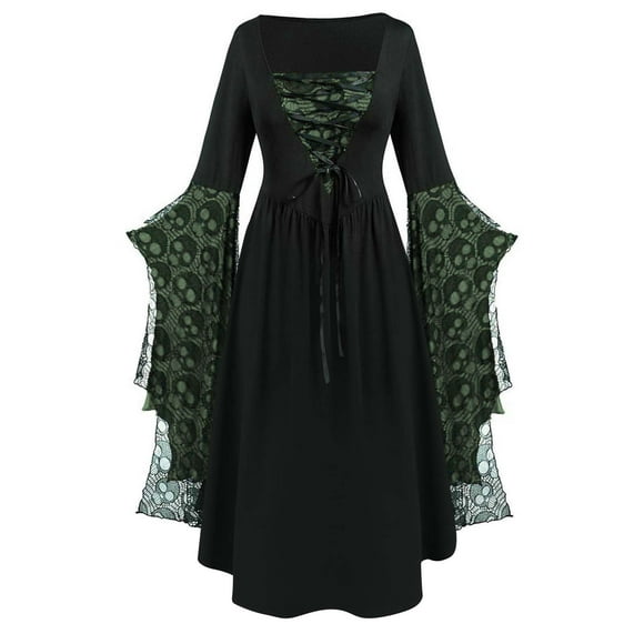 Women's Plus Size Dress, Long Sleeve Square Neck Gothic Lace Print, Bat Sleeve Retro Style for Halloween and Casual Wear