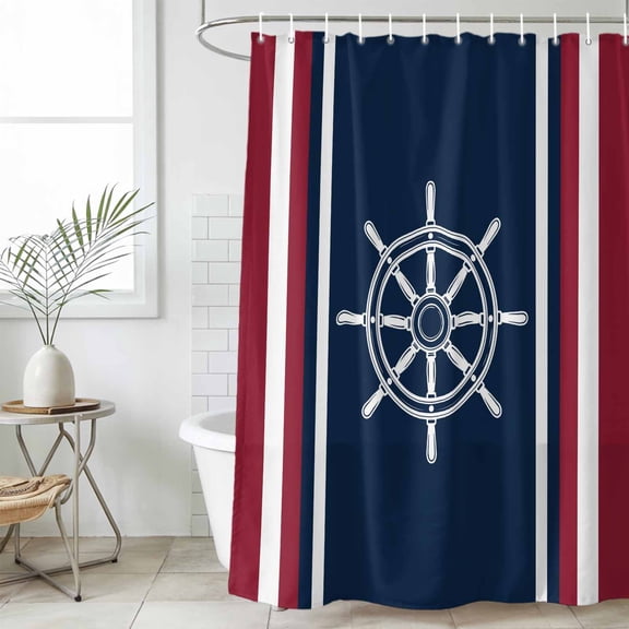 Navy Blue Red Stripe Waterproof Fabric Shower Curtain,Coastal Nautical Rudder Farmhouse Waterproof Fabric Shower Curtain for Bathroom Curtains Bathtubs Shower Curtains with 12 Hooks Stall 54x78in