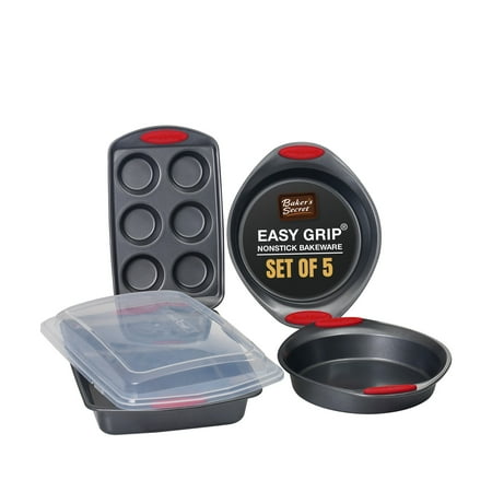 

Baker s Secret Easy Grip Carbon Steel Non-stick Durable Set of 5 Bakeware Set Round Pan Muffin Pan Roaster and Lid Dark Grey/Red