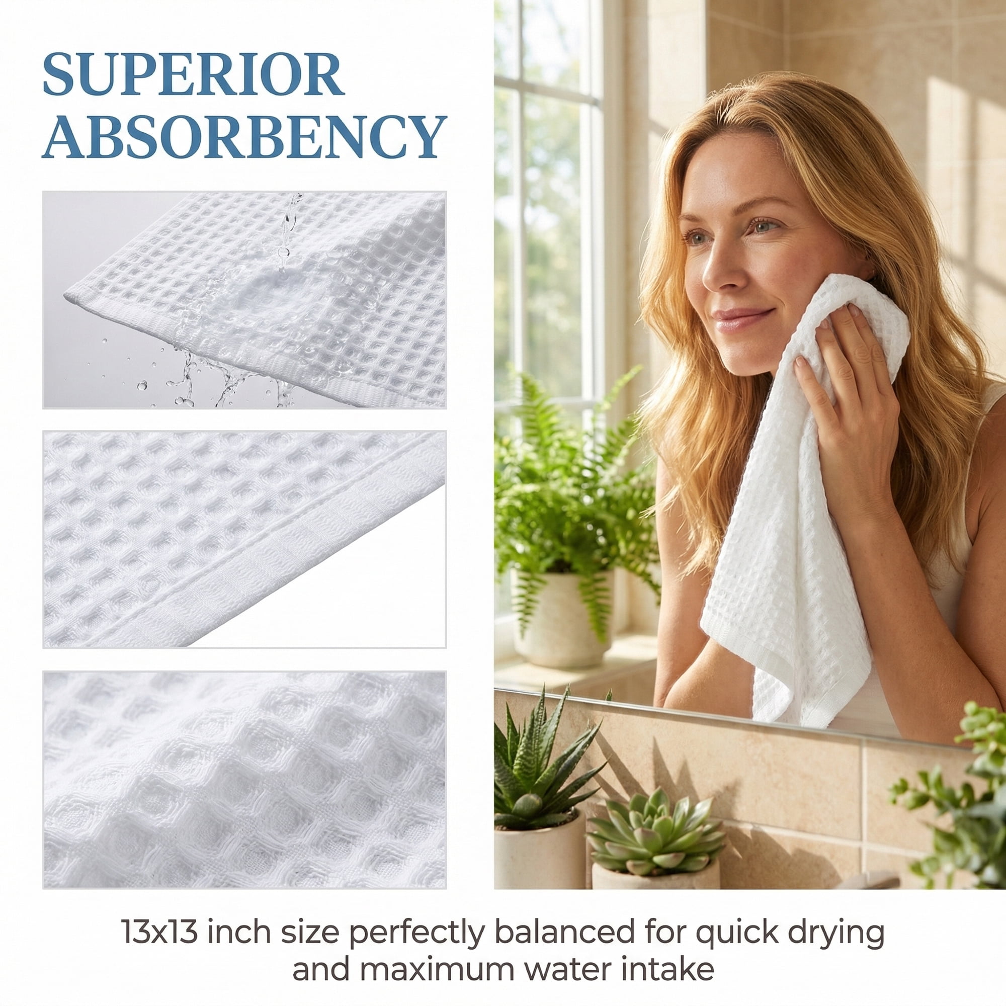 Unique Bargains Cotton Waffle Soft Quick Dry Lint Free Face Cloths 13x13in White 6pk