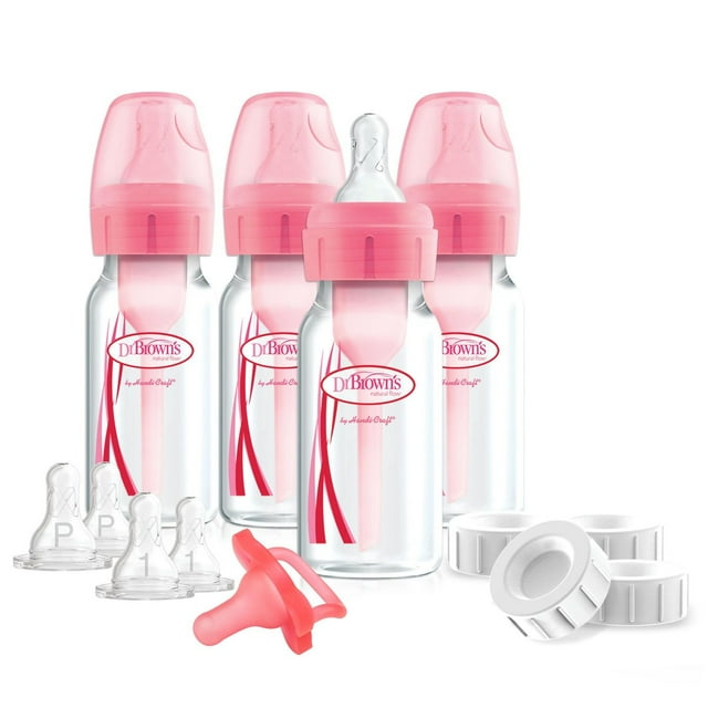 Dr. Brown's Natural Flow Anti-Colic Options+ Narrow Breast to Bottle Pump and Store Feeding Set with Slow Flow Nipples, Baby Bottle Travel Caps and 100% Silicone HappyPaci One-Piece Pacifier, Pink