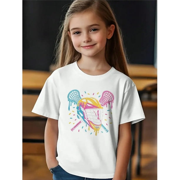 Lacrosse ice Cream Drip Lax Boys & Girls Short Sleeve T-Shirt - 180g/㎡ Breathable Cotton, Geometric Pattern, Regular Fit Casual Top For Youth Players, all-Season Comfort, Sports Fan apparel, Playful