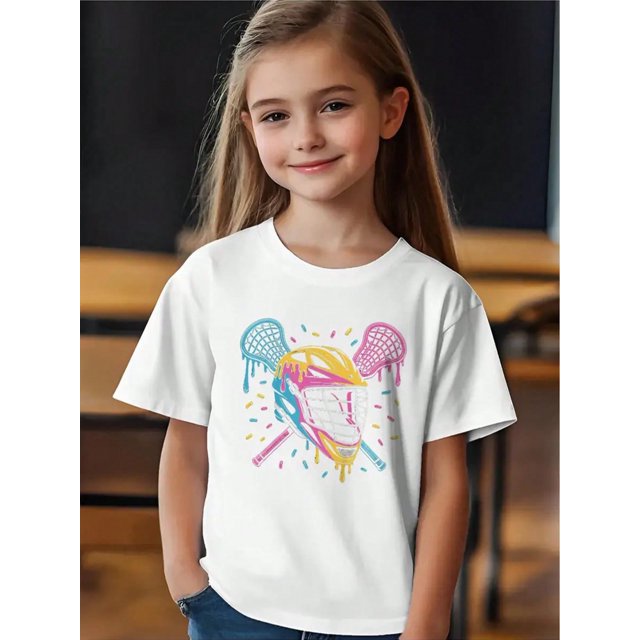 Lacrosse ice Cream Drip Lax Boys & Girls Short Sleeve T-Shirt - 180g/㎡ Breathable Cotton, Geometric Pattern, Regular Fit Casual Top For Youth Players, all-Season Comfort, Sports Fan apparel, Playful