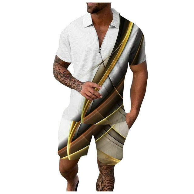2025 Costumes pour Hommes Homme Décontracté Rayé Rampe Costume Homme Régulier Imprimé Costume Deux Pièces Costume d'Été pour Hommes Fermeture Éclair Haut à Manches Courtes Tenue de Retour à la Maison pour Gars Chemisier Costume Cordon Poche