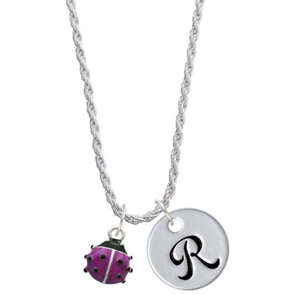 Delight Jewelry Silvertone Mini Hot Purple Ladybug Silvertone Script Initial Disc - R - Charm Necklace, 20"+3"