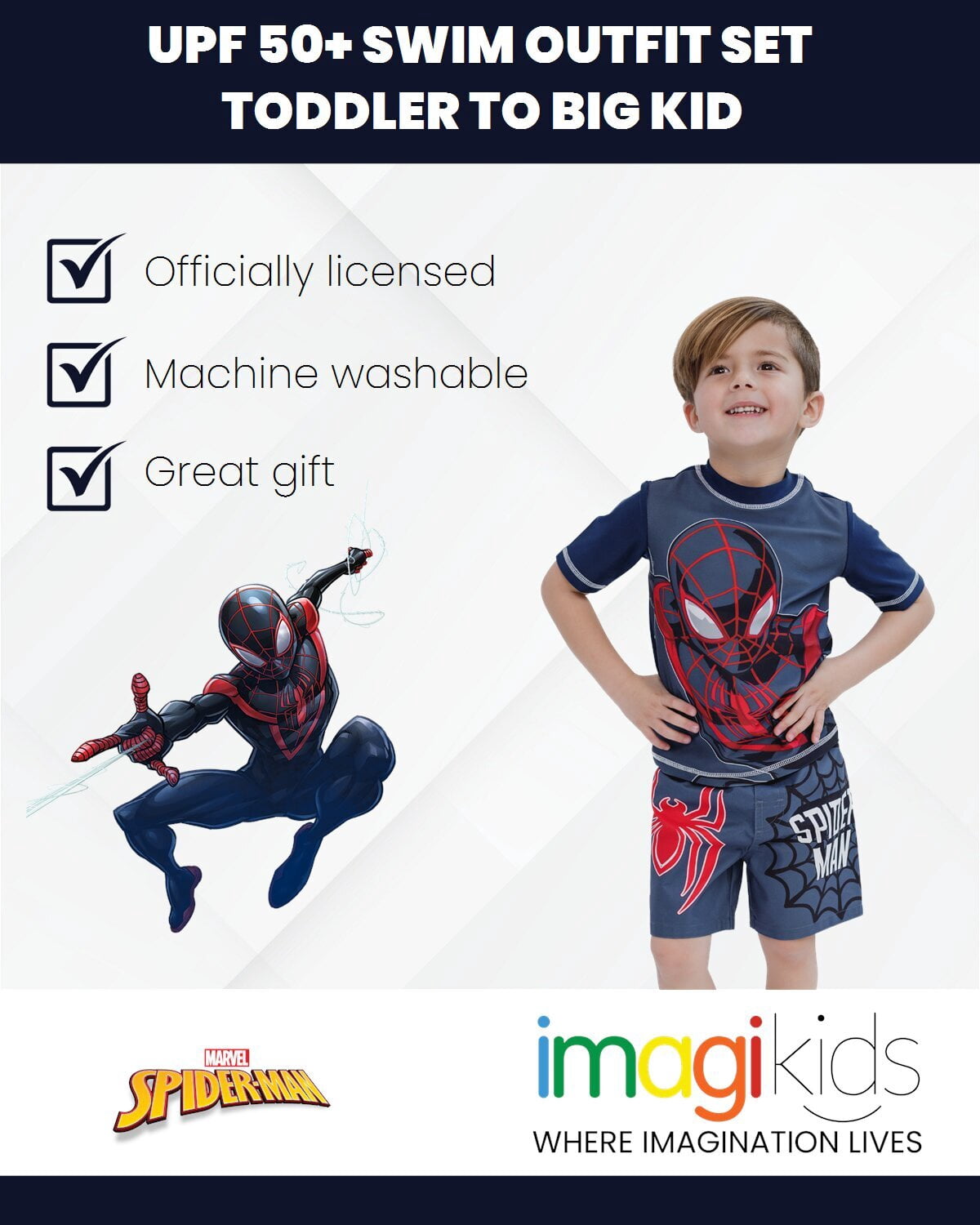 Marvel Spider-Verse Toddler Boys' Swimwear 2-Piece Rashguard and Swim Trunks Set Miles Morales Grey
