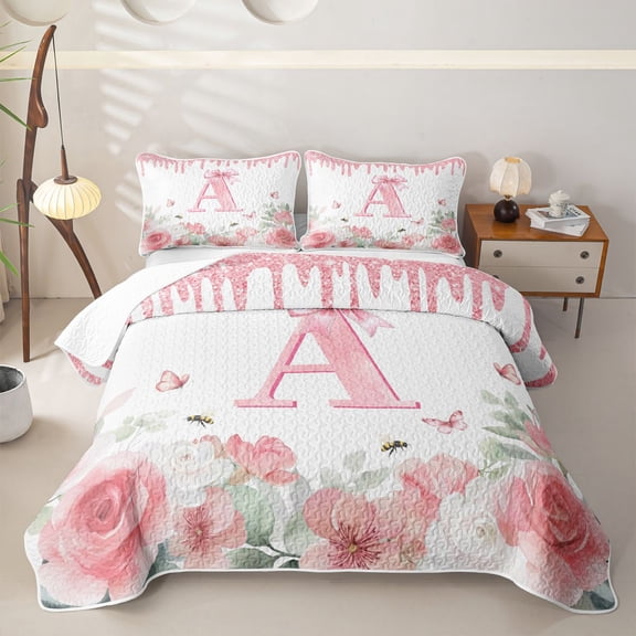 Erosebridal Bow Floral Twin Quilt Set for Girls, Personalized Initial A Twin Coverlet Set, 2pcs 1 Quilt and 1 Pillowcase