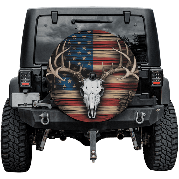 Lotusprinthandmade America Flag Deer Skull Halloween Spare Tire Cover With Backup Camera Hole 6 Sizes (27 in.)
