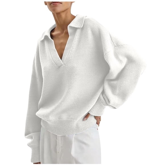 QUYUON White Sweaters for Women Collared Sweaters Casual Winter Cuff Sleeve V Neck Long Sleeve Sweater Knit Jumper Pullover Tunic Sweaters Tops Blouse Shirts Fall Sweatshirts White XXXL