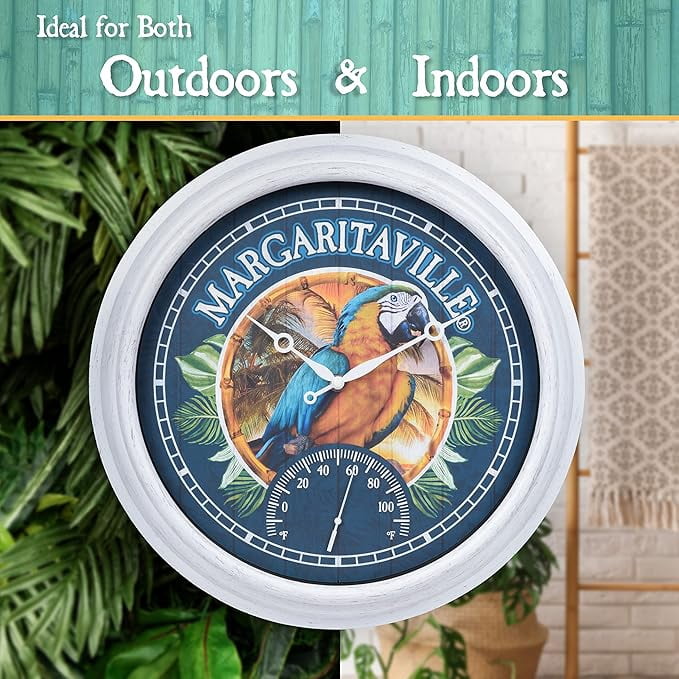La Crosse Clock 15.75 inch Indoor/Outdoor Quartz Wall Clock w/ Temp - Margaritaville Macaw, 433-3841MV6T
