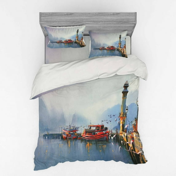 Ambesonne Colorful Bedding Set 4 Pcs, Harbor Boats and Birds, Queen, Multicolor