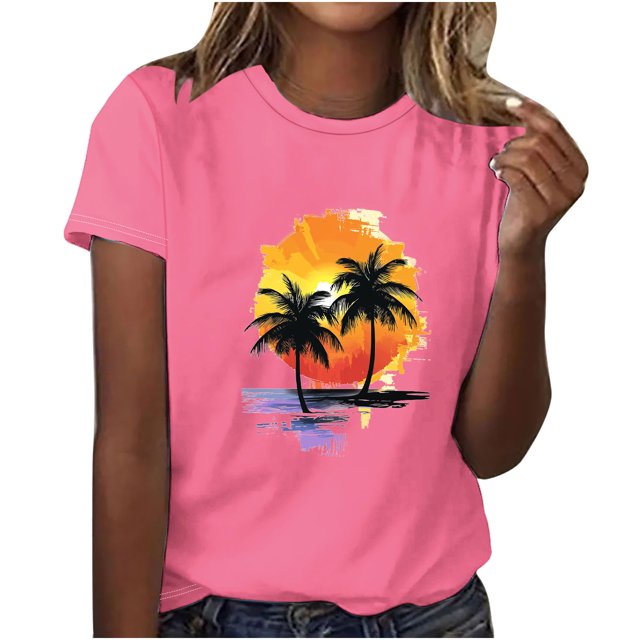 Tops de Manga Corta de Algodón para Mujeres, Moda Impresa Cuello Redondo Blusa Casual para el Hogar Y el Uso Diario