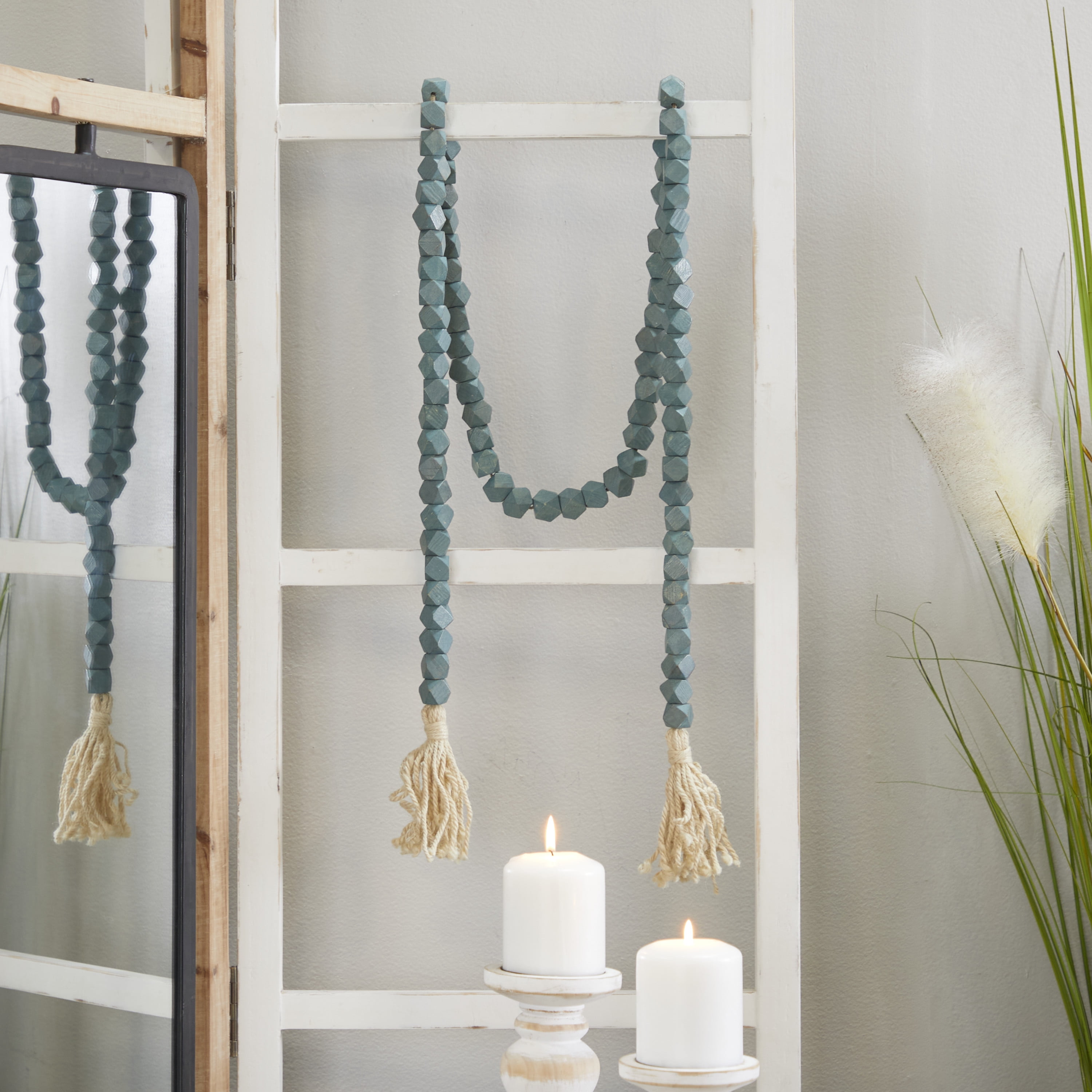 DecMode Blue Wood Bohemian Garland Décor with Geometric Bead Details and Cream Cotton Tassel, 80"L