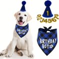 thumbnail image 1 of Adorable Cartoon Bandana Scarf & Party Hat Set for Small to Medium Breeds - Soft Cotton, Polyester, and Spandex Blend - Woven Construction - Fun Birthday Accessory for Pets, 1 of 5