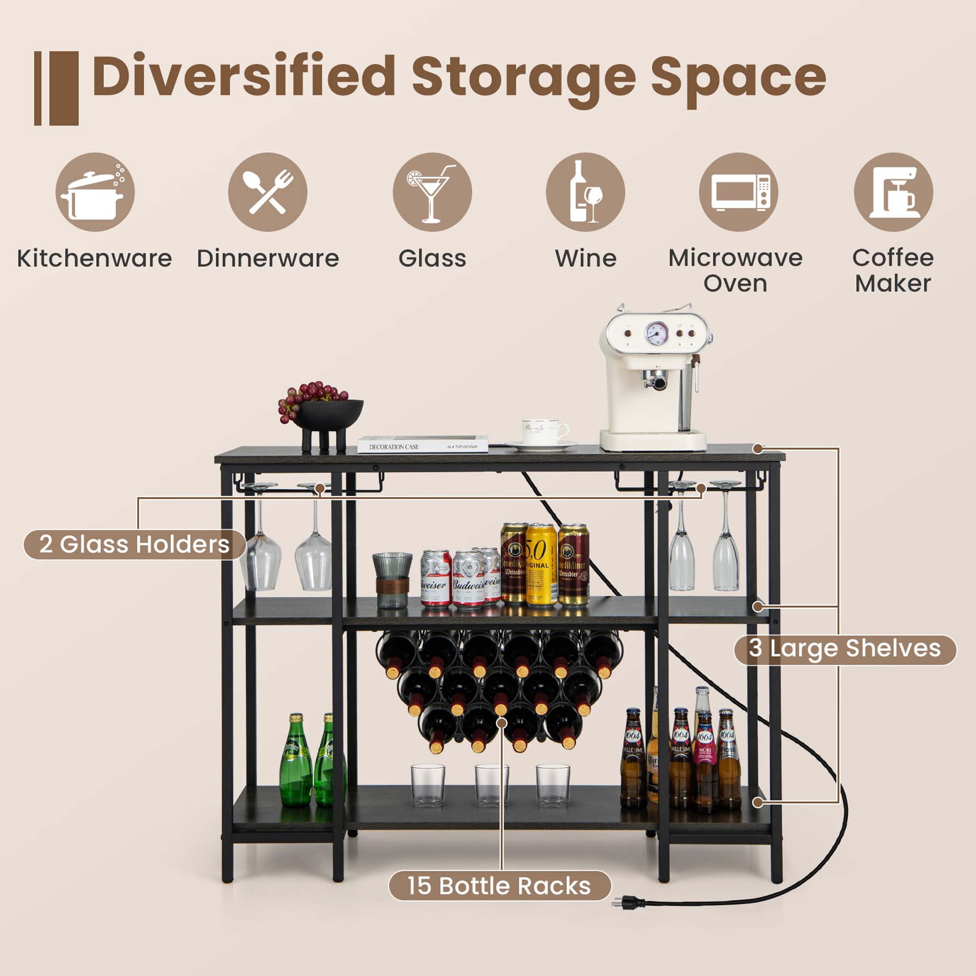 Costway  Cabinet Bar Table Rack Table for Drinks Glasses with Power Outlets Grey