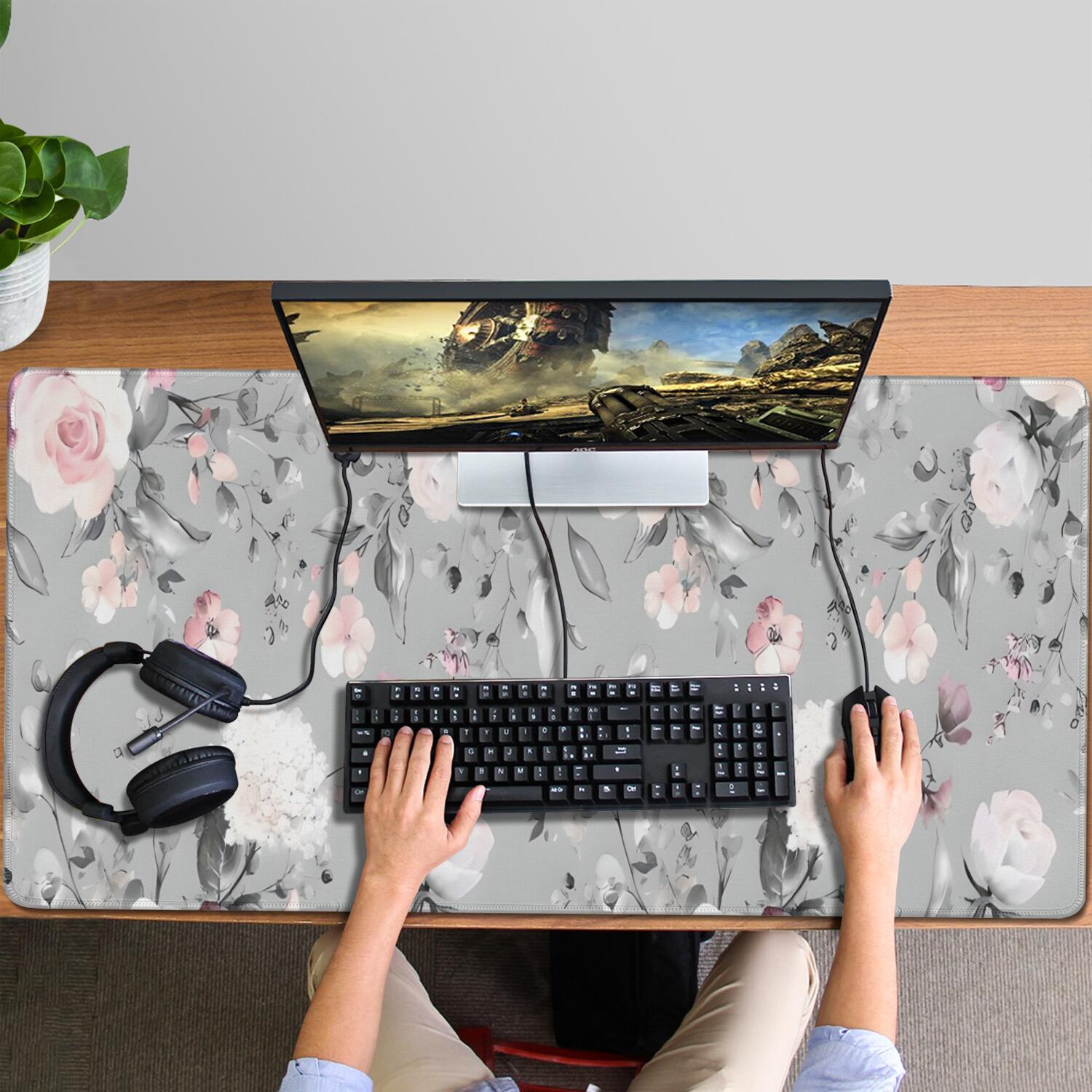 Long Mouse Pads for Desk,Pioneer Flower Floral Print Pattern Desk Mats on Top Of Desks, Desk Mouse Pad Extra Large with 3mm Non-Slip Base and Stitched Edge for Gaming,Office,Work,Home 47.3"x23.6"