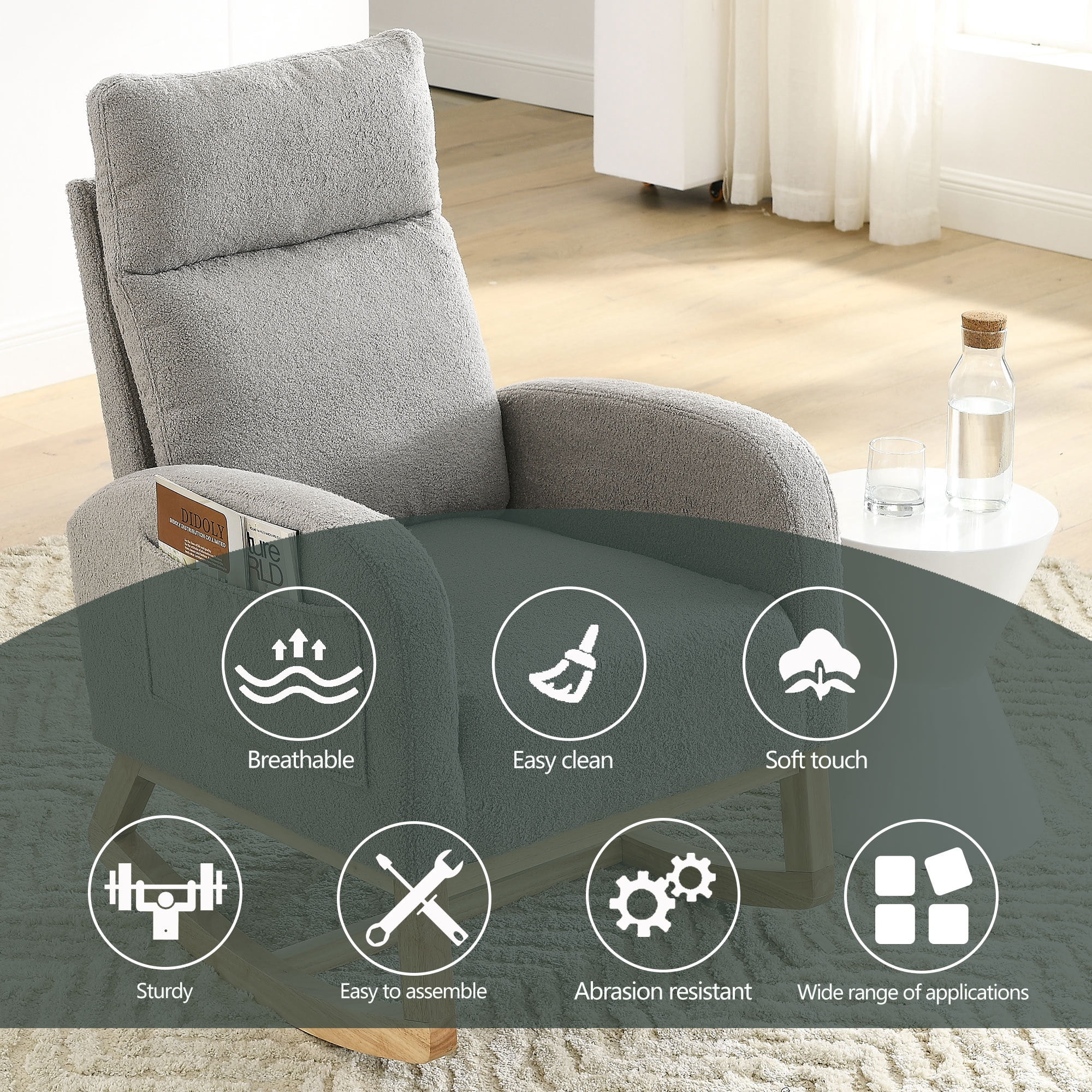 Modern Rocking Chair for Nursery,Accent Glider Chair with High Backrest & Two Side Pockets & Solid Wood Legs,Gray Teddy