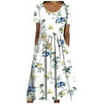 thumbnail image 2 of Robes Midi pour Femmes Été Décontractées Amples Bohèmes à Imprimé Floral Col Ras du Cou Manches Courtes Longueur Genou Robe Froncée avec Poches, 2 of 5