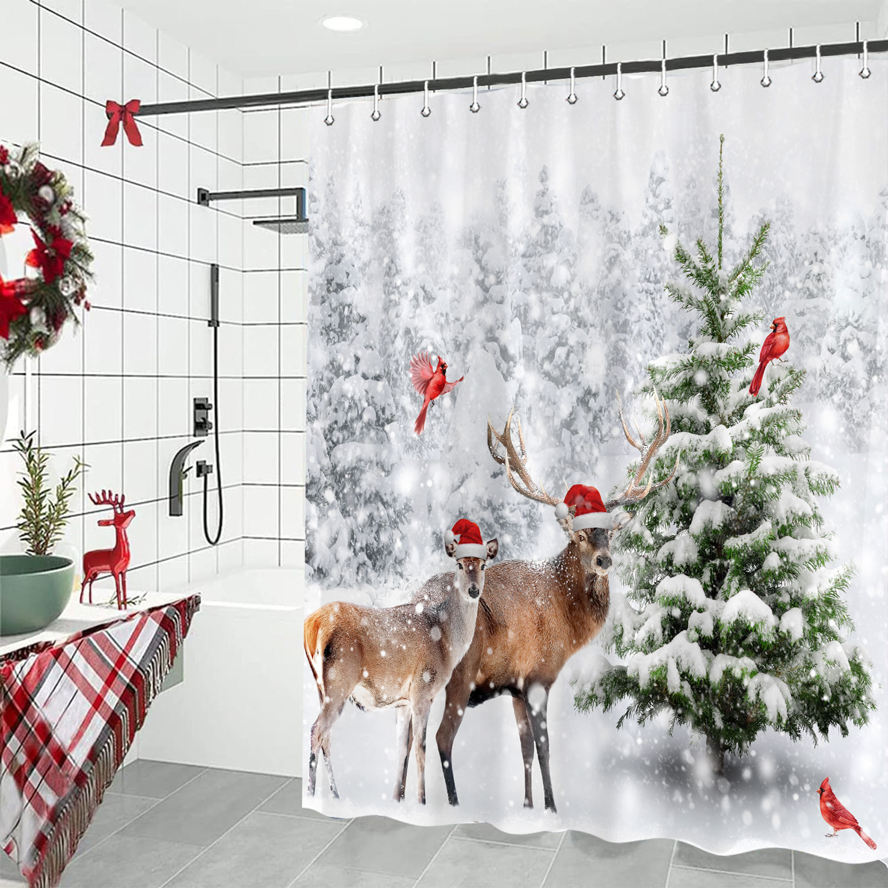 Winter Christmas Shower Curtain Set, Natural Winter Forest Snowflake Christmas Shower Curtain for Bathroom, Funny Cute Deer Christmas Bathroom Decor Waterproof Fabric Bathtub Sets with Hooks,70X70IN