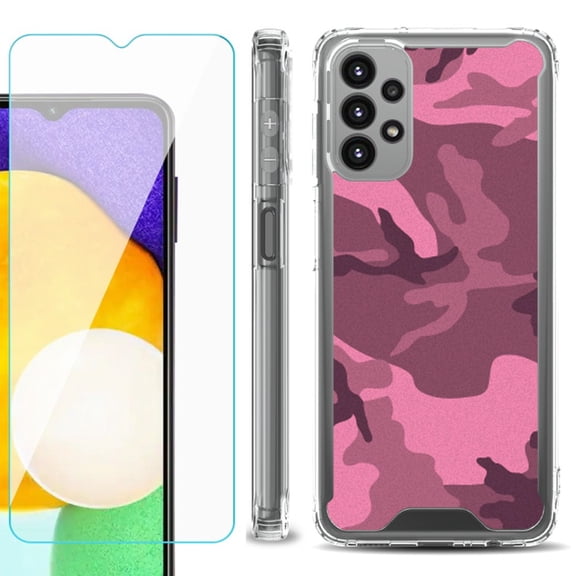 Shockproof Bumper Phone Case for Samsung Galaxy A23 5G, with Tempered Glass Screen Protector, by OneToughShield ® - Camo Pink