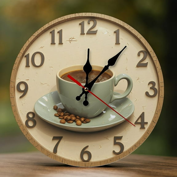 Wall Clock Decorative - Rustic Coffee Cup Print 2D Vintage Wall Clocks Battery Operated Silent Non-Ticking for Bedroom, Living Room, Kitchen, Office, Classroom, 10 Inch