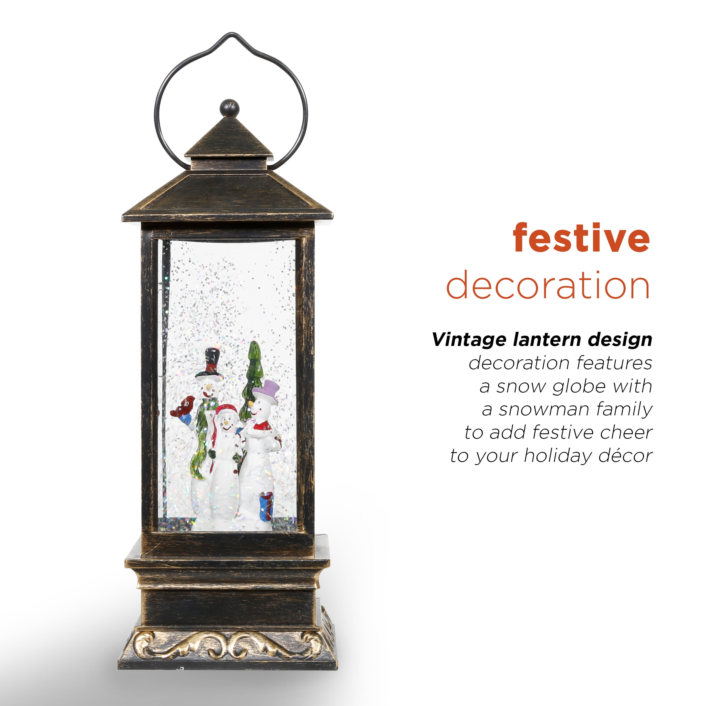 Alpine Corporation Lantern Snowman Snow Globe with LED Light, Brushed Bronze