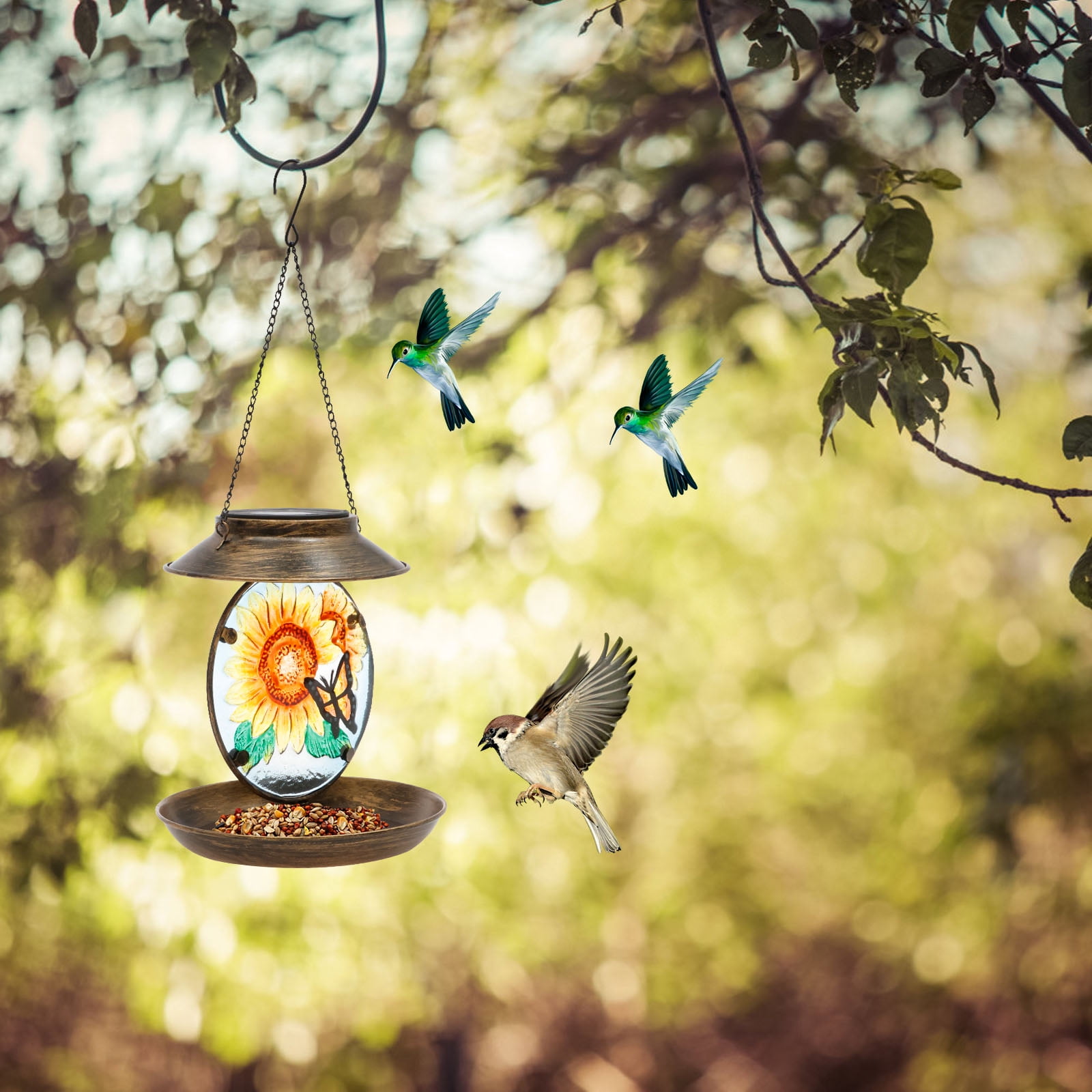 Threns Decorative Solar Bird Feeder Iron and Glass Solar Hummingbird Feeder with Hand Painted Pattern for Yard Patio Garden Outdoor