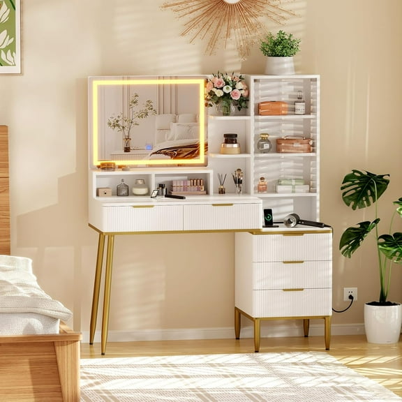 Makeup Vanity Desk With HD Lighted Mirror & Power Outlet, Modern Glass Top Elegant Fluted Vanity Desk With Acrylic Protective Door, 5 Drawers and Storage Shelf,Dressing Table for Bedroom Women Girls