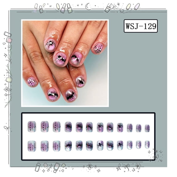 Tryvkinvive 24PCS Short Square Press On Nails,Lavender Base Black Spider Web Pink Spider Fake Nails,Reusable Full Cover Glue On Nails for Women Cute Gothic Halloween Decor