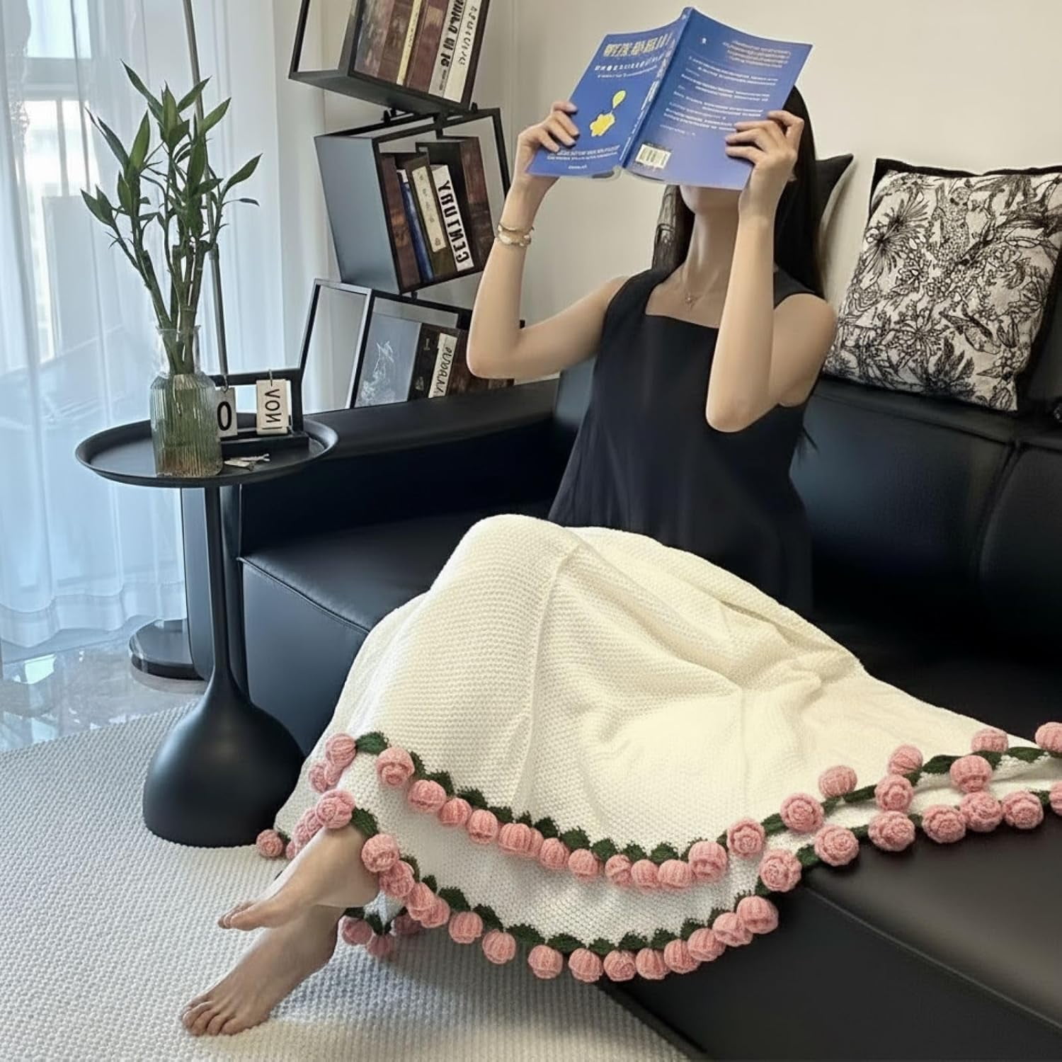 Pekkaxy Handmade Crochet Rose Bouquet Blanket, Soft Knit Throw for Bed Sofa Couch, Decorative Flower Blanket for Valentines, Birthday, Wedding Gift, 3 Sizes