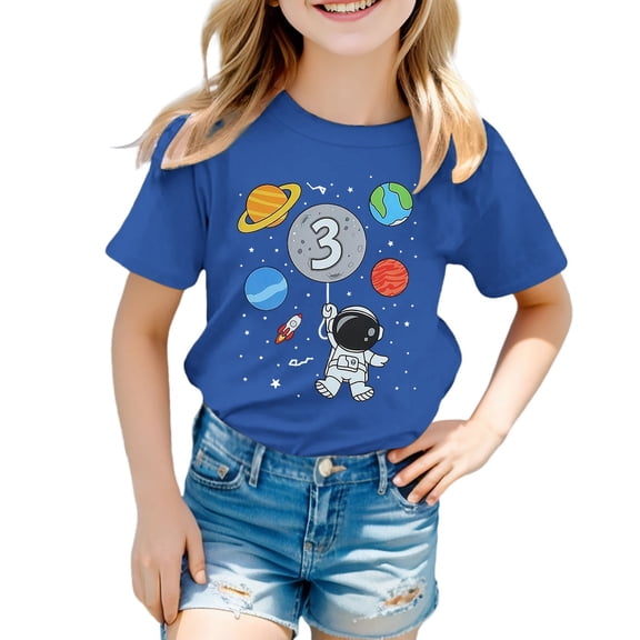 Girls Short Sleeve Shirts Summer Casual Girls Summer Tops 9-10 Crewneck Loose Fit T-Shirts Printed Cotton Tops Graphic Tees Size 6-7 Years,Blue#3