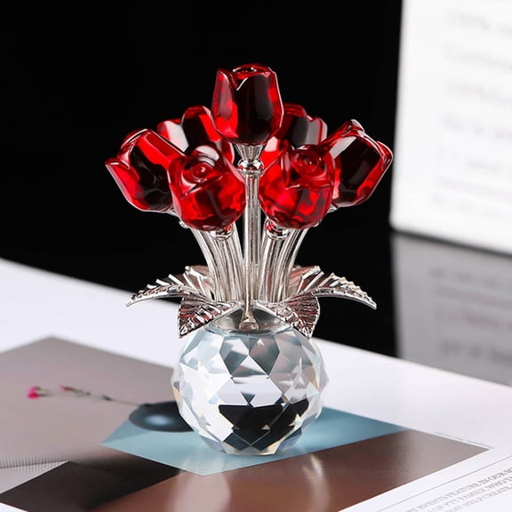 Glass Rose Flowe Bouquet Home Decor Crystal for Mom Wife Collectible Blown Glass Figurines Desk Ornaments Wedding Decor Romantic Gifts (Red)
