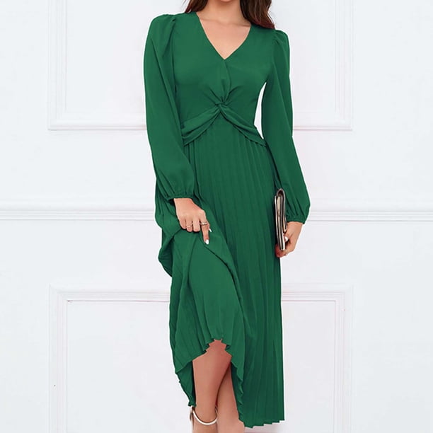 ICHUANYI Liquidación Vestidos plisados sólidos de manga larga con cuello en V para mujer ICHUANYI WER202308244578
