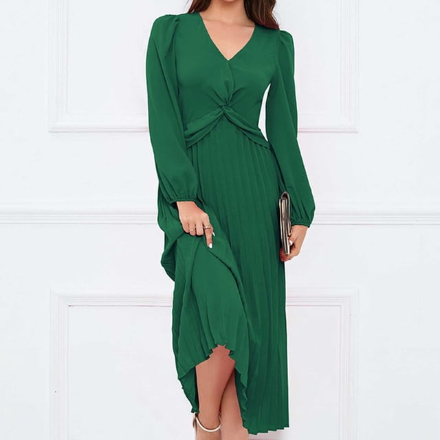 Pisexur Robe à Manches Longues Col en V Mode Femme Robe Plissée Unie Col en V