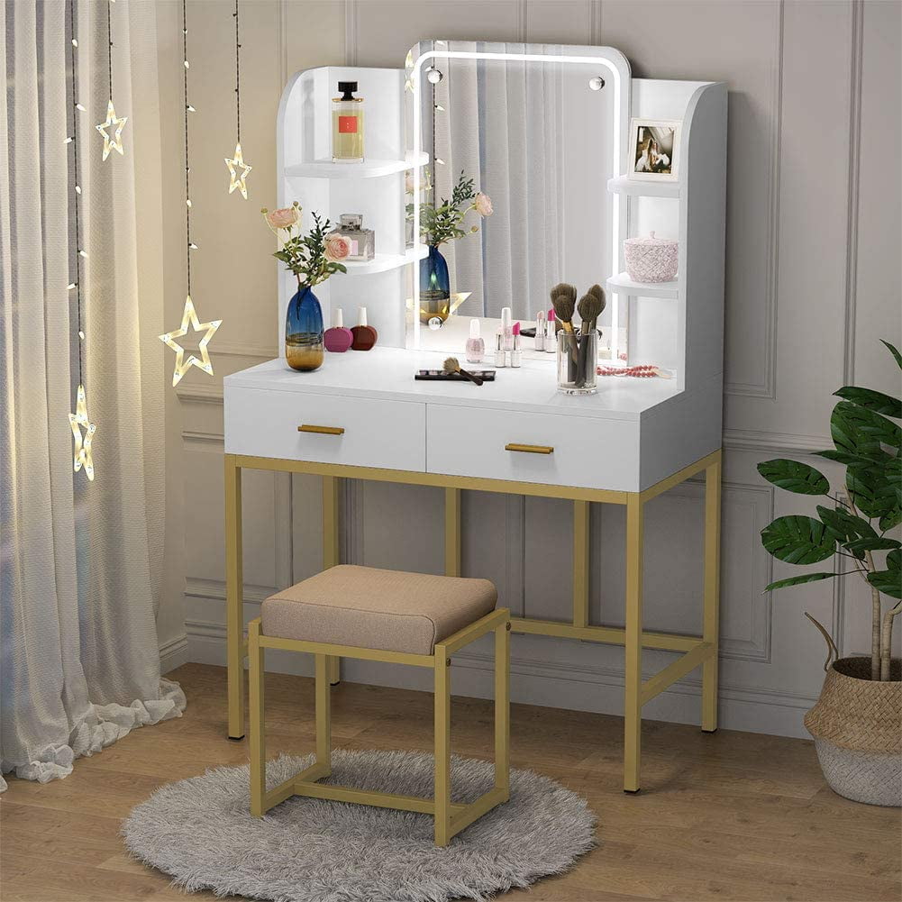 Large Vanity Table Dressing Desk, Vanity Table With Lighted Mirror And Storage