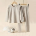 thumbnail image 3 of Scyoekwg Boys Girls Fall Winter Warm Outfit Basic Sleepwear Set Solid Color Long Sleeve Pullover Tops Long Pants Home Clothes Set (Beige,2 Years), 3 of 3