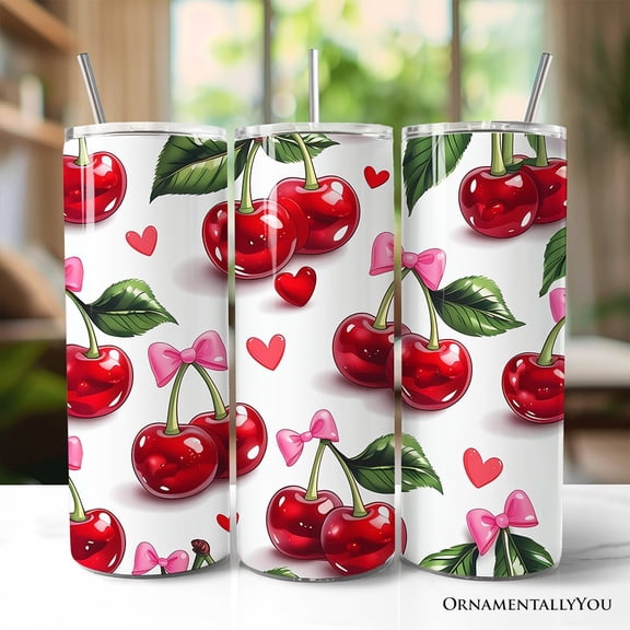 Cherry Bow Pattern 20oz Tumbler With Lid and Stainless Steel Straw, Valentine Travel Mug Gift